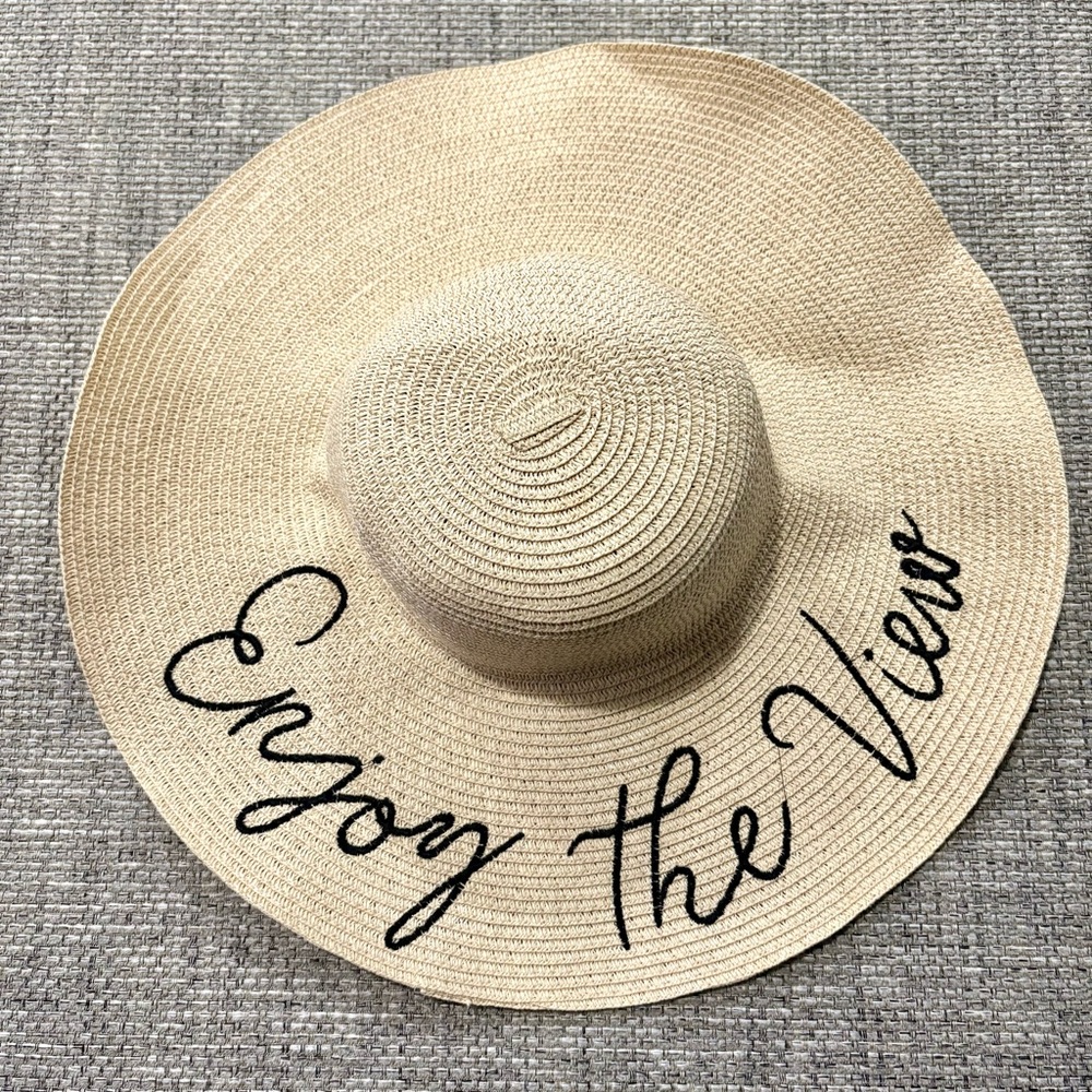 Beige Sun Hat with Black Letter Graphic Straw Hat